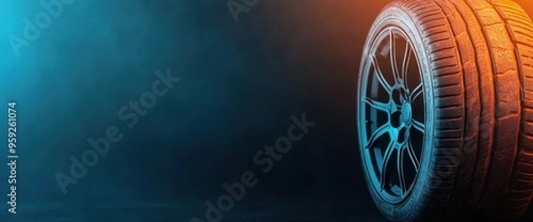 Fototapeta A tire is shown on a dark background with a blue sky in the background