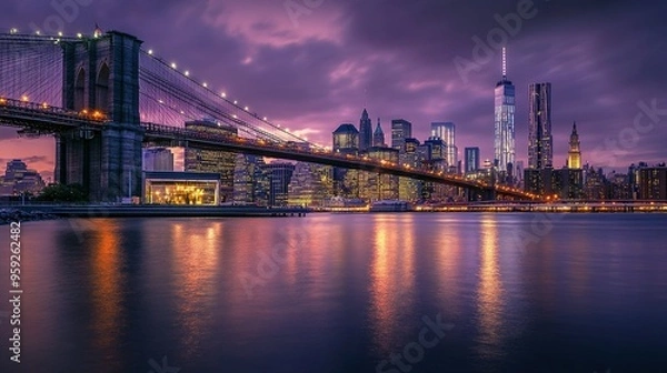Obraz Brooklyn Bridge and Manhattan Skyline at Dusk