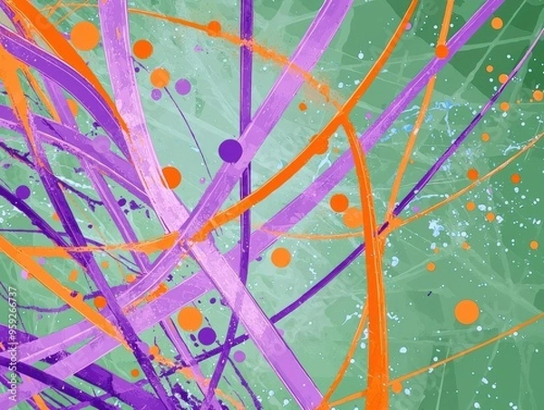 Fototapeta Dynamic purple lines with orange dots on green, accented by blue.