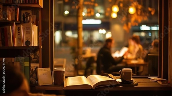 Obraz Cozy coffee in the evening, reading in the café