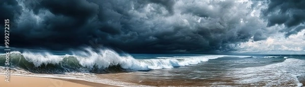 Fototapeta waves crashing on the sandy beach under storm clouds flat design, front view, dark skies, animation, Triadic Color Scheme