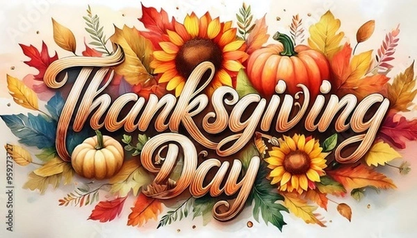 Fototapeta Thanksgiving Day calligraphy poster with Modern, decorative lettering - Thanksgiving Day in watercolor effect with sunflowers. autumn fall leaves. Graphic art illustration