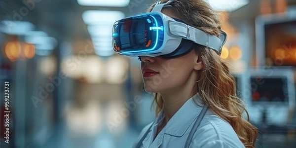 Fototapeta  Woman wearing a virtual reality headset in a futuristic laboratory, exploring advanced technology and innovation