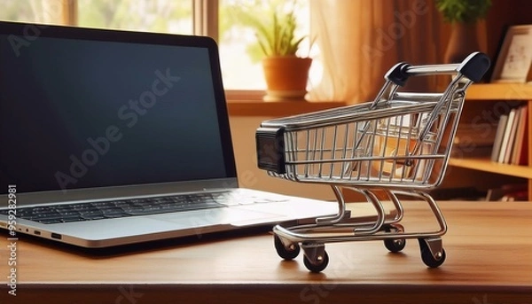 Obraz A Small Shopping Cart Model in Front of Blurred Laptop on Blurred Home Background. Online Business and E-Commerce Concept, Generative AI