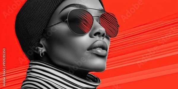 Fototapeta Black-and-white portrait of a woman with red glasses and a beanie, set against a vibrant red background