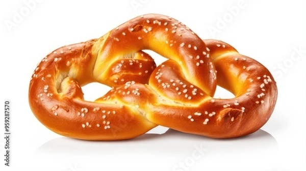 Fototapeta A close-up of two soft pretzels, golden-brown with a shiny surface and sprinkled with coarse salt on white background, ideal for snacking.