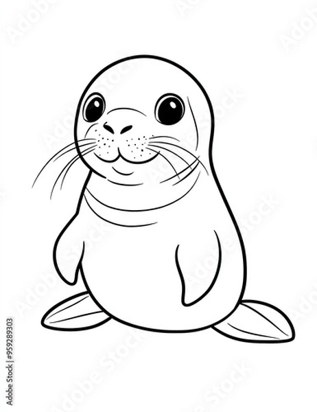 Fototapeta  A cute cartoon seal coloring page for kids with crisp lines and a white background, a simple style with no shading. 