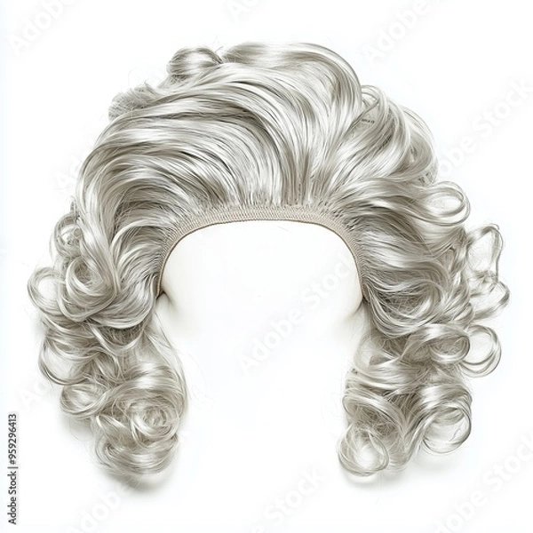 Fototapeta A classic perm-style wig for elderly women, with a short and curly silver finish, isolated on a white background