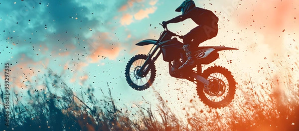Fototapeta A man is riding a dirt bike in the air