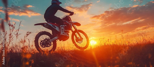 Fototapeta A man is riding a dirt bike in a field with a beautiful sunset in the background