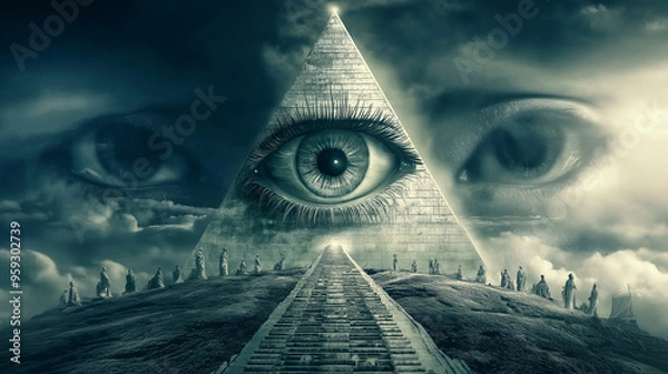 Fototapeta All seeing eye watching over crowd walking toward pyramid conspiracy theory