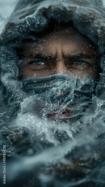 Fototapeta A man's face is partially obscured by ice, looking intensely at the camera. The ice is frozen around his face, and his eyes are piercing.