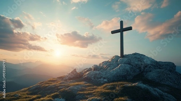 Fototapeta Cross on the Mountaintop: A wooden cross stands tall against a breathtaking sunset, symbolizing faith, hope, and the enduring power of belief. It evokes a sense of peace, tranquility, and the promise 