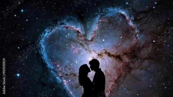 Fototapeta An ethereal scene of two lovers embracing in space, surrounded by constellations, with a glowing heart nebula illuminating the dark void, conveying cosmic love and connection.