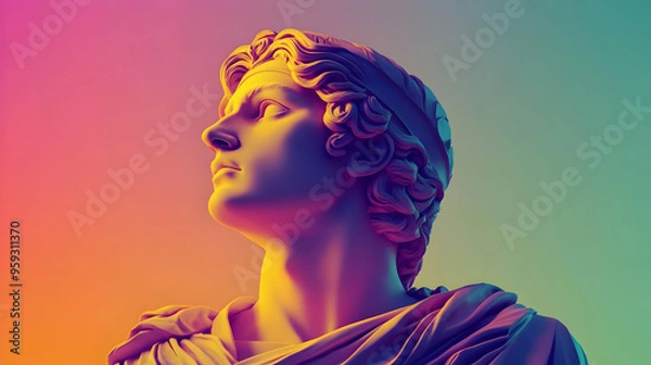 Fototapeta A close-up of a classical sculpture of a man's face, illuminated with vibrant colors.
