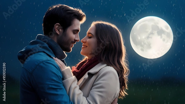 Obraz Couple Hugging in Love under the full moon, love, boyfriend, girlfriend. AI Generative
