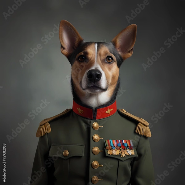 Fototapeta Portrait of a Standing Dog in Military Uniform, king, pets, photo, illustration. AI Generative