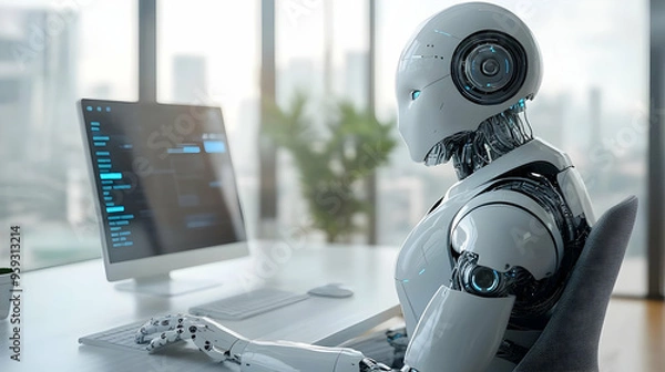 Fototapeta A futuristic robot sits at a desk, typing on a keyboard in front of a computer monitor.