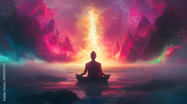 Fototapeta A lone figure meditates in front of a towering mountain range, a fiery glow illuminating the sky.