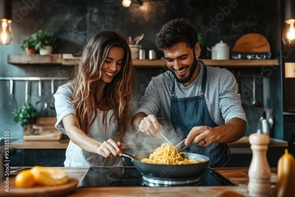 Obraz A happy couple in a modern kitchen, cooking pasta together, enjoying the process of making a delicious and comforting meal at home