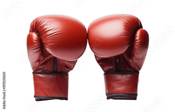 Fototapeta Two red boxing gloves positioned on a clean background, symbolizing strength and competition in the sport of boxing.
