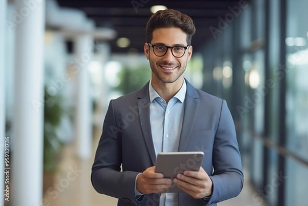 Fototapeta A man in a suit and glasses is holding a tablet, appearing focused and engaged in his work or presentation.
