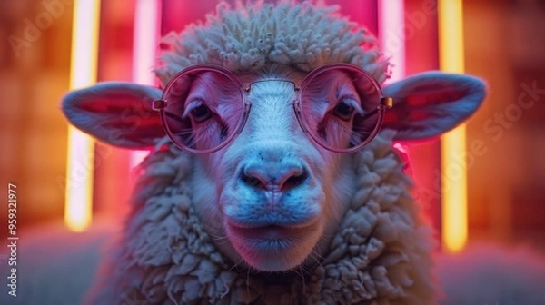 Fototapeta Colorful Studio Portrait of a Sheep in Sunglasses with a Fun and Bright Backdrop