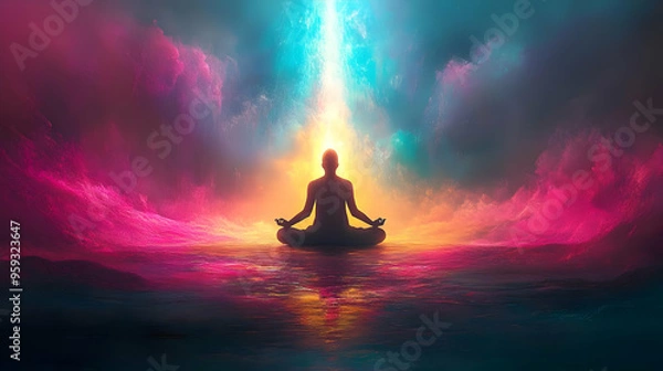 Fototapeta A silhouette of a person meditating in a vibrant and colorful landscape.
