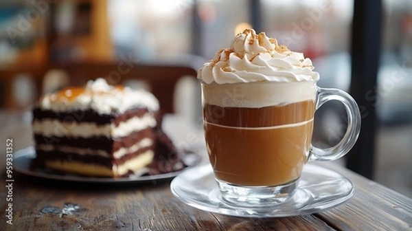 Fototapeta cup of a fresh caramel latte with whipped cream on the table and chocolate cake : Generative AI