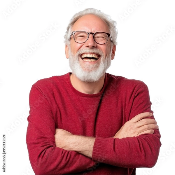 Fototapeta A man in a red sweater is smiling and laughing on a transparent background.