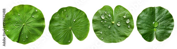 Fototapeta Four different types of leaves with water droplets on them on a transparent background.