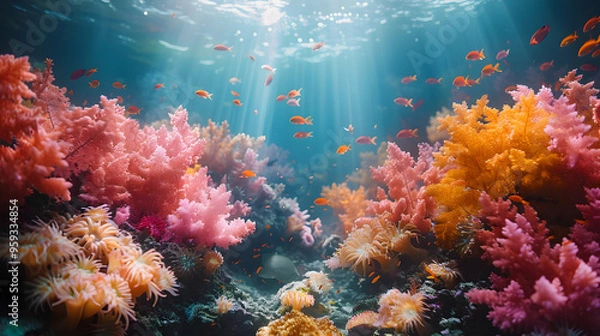 Fototapeta Vibrant Underwater Scene with Colorful Coral Reefs and Fish - Realistic Image