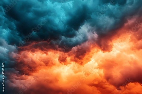 Fototapeta Sun setting behind a line of thunderstorms on the horizon, dramatic weather, contrast of light and dark