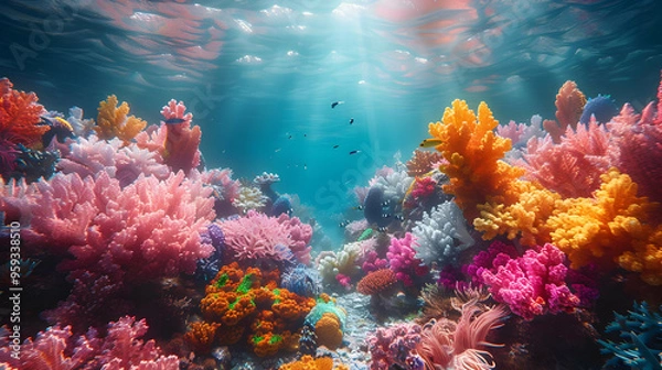 Fototapeta Vibrant Underwater Coral Reef Scene with Sunbeams Illustration