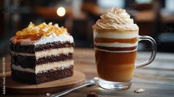 Fototapeta cup of a fresh caramel latte with whipped cream on the table and chocolate cake : Generative AI