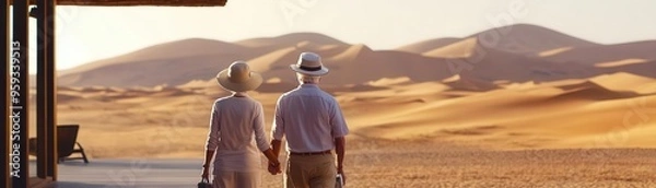 Fototapeta Elderly couple checking into a desert resort, anticipation of a tranquil stay, vast landscape selective focus, arid adventure theme, whimsical, Overlay, desert dunes backdrop