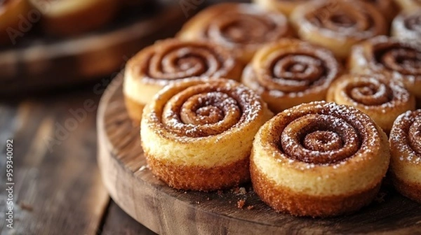 Fototapeta Top view of a pile of cinnamon swirl coffee cake on a wooden plate : Generative AI