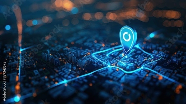 Fototapeta Blue glowing location pin on digital map of a city at night. Concept of GPS navigation, location tracking, and urban planning.