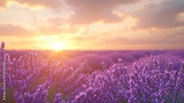 Fototapeta Beautiful lavender field with a nice sunset in the background : Generative AI