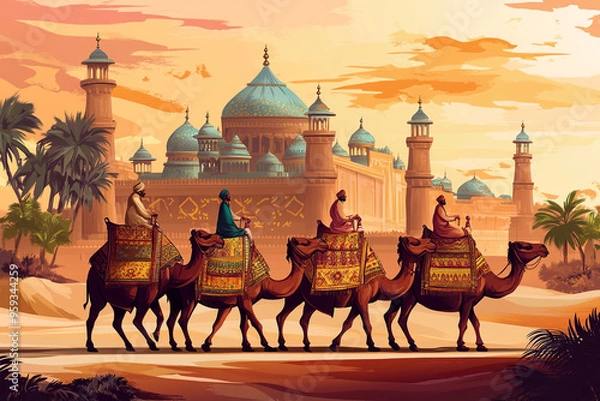 Obraz Traditional Mughal, camel caravan, vector style.