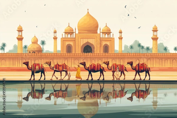 Obraz Traditional Mughal, camel caravan, vector style.