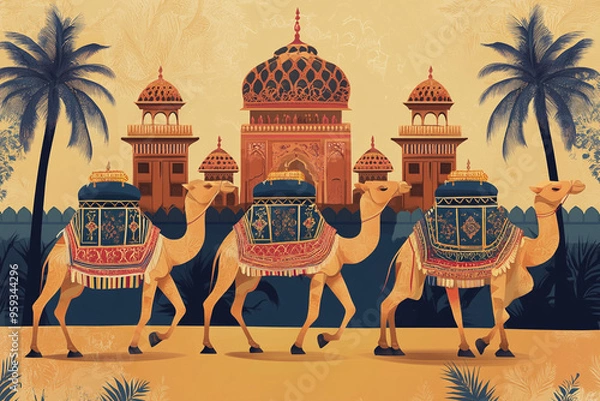 Obraz Traditional Mughal, camel caravan, vector style.