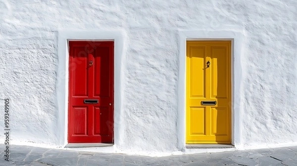 Fototapeta Red and yellow door side by side on white building facade basking in sunlight : Generative AI
