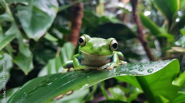 Fototapeta A vibrant green tree frog perched on a lush, dew-covered leaf in a rainforest.