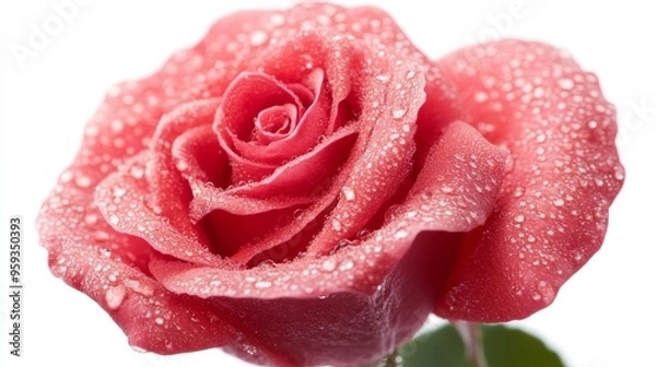Obraz A stunning red rose with dew-kissed petals, isolated on a crisp white background, macro photography, ultra-detailed texture, ideal for romantic designs.
