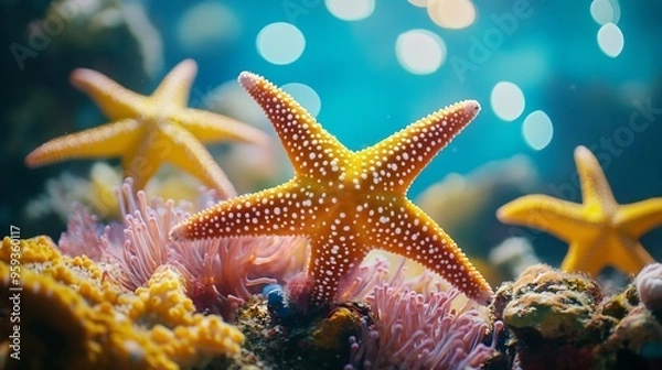 Fototapeta sea stars in a reef colorful underwater landscape background : Generative AI
