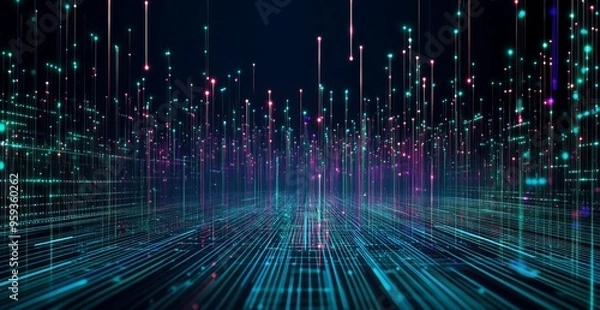 Fototapeta Futuristic Digital Landscape with Data Lines, Dots, and Network Grid in Cyberpunk Style