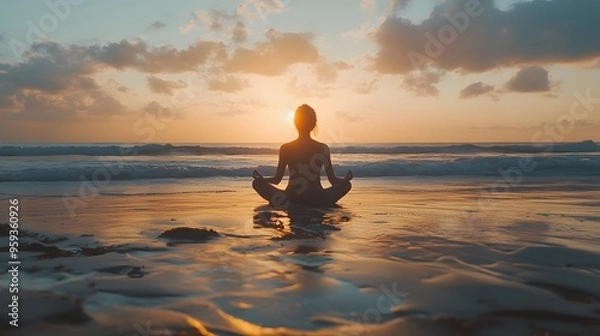 Fototapeta A person sitting cross-legged on the beach at sunset, meditating with a calm expression