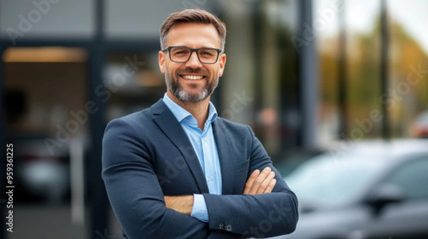 Obraz Confident middle-aged businessman with glasses, smiling and standing with arms crossed, posing in front of office building.