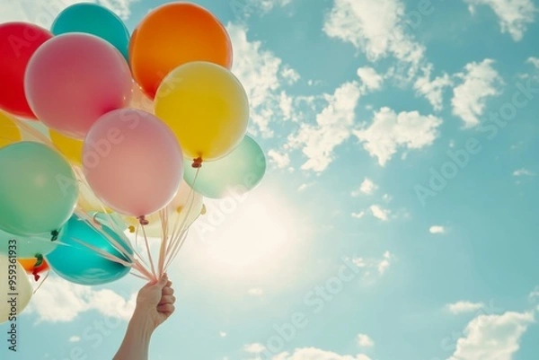 Fototapeta Colorful Balloons Floating in the Sky with Sunlight and Blue Skies, Evoking Joyful Celebrations and Festive Moments